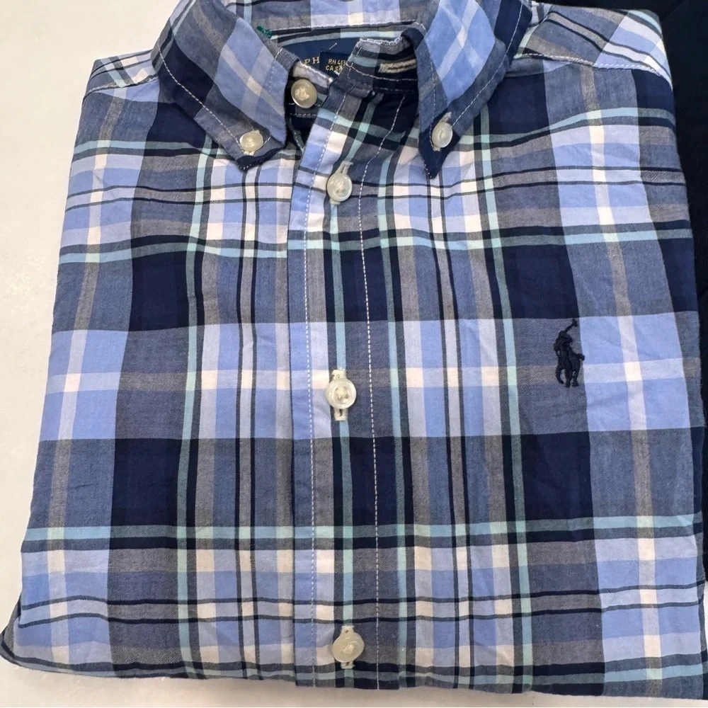 Ralph Lauren Boys 2 Pcs Set Navy Chinos & Blue Button Down Plaid Shirt Size 5